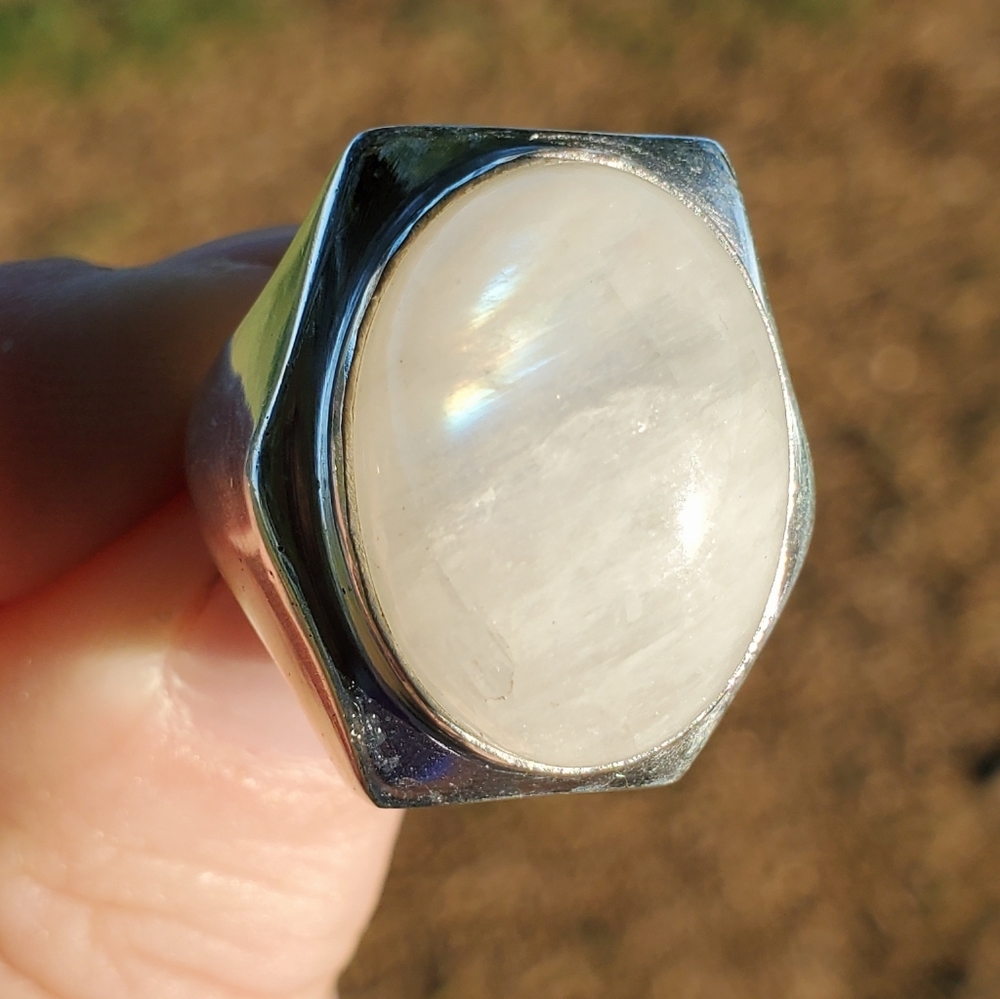 New Men's Rainbow Moonstone 925 Silver Ring.